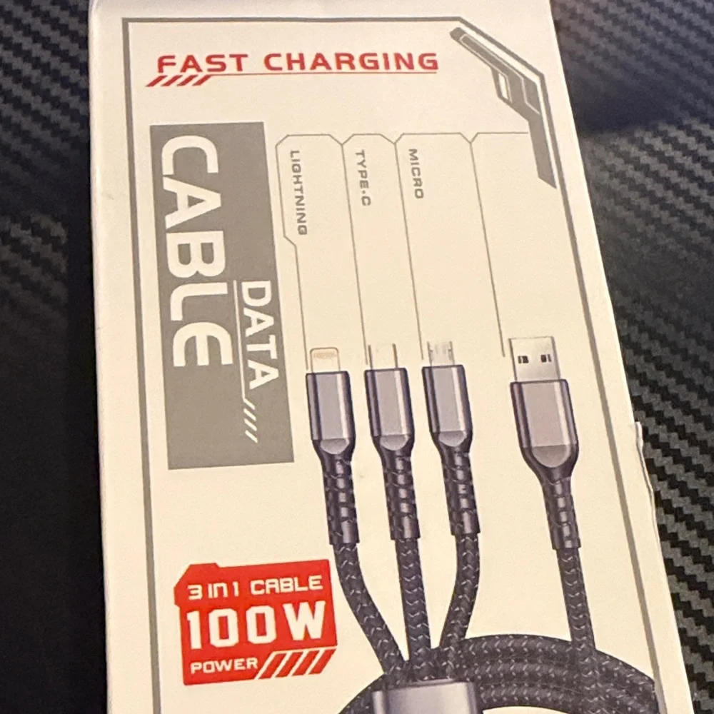 Fast Charging 3 n 1 100W power data cable black type c micro lightning portable